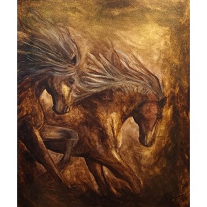 Faiza Bilgrami,  Tarcoal Horses, 31 x 39 inches, Tar Coal on Canvas, Horse Painting, AC-FZBLG-026